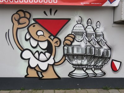 829745 Afbeelding van graffiti met een Utrechtse kabouter (KBTR) met drie KNVB-bekers, op de zijgevel van Café de Don ...